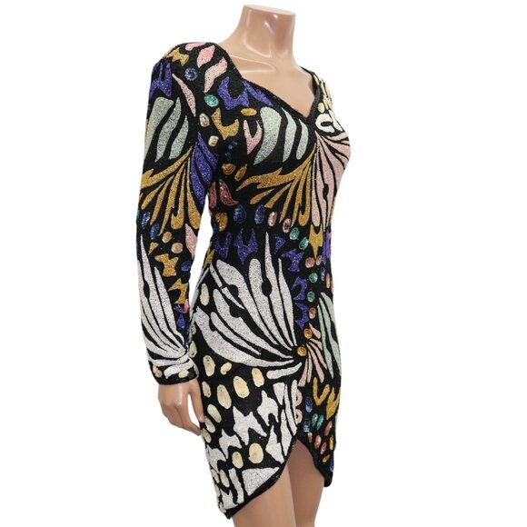 EXTRAORDINARY Vintage ART DECO Sequin Abstract Mini PARTY Dress Long Sleeve S - Picture 5 of 12